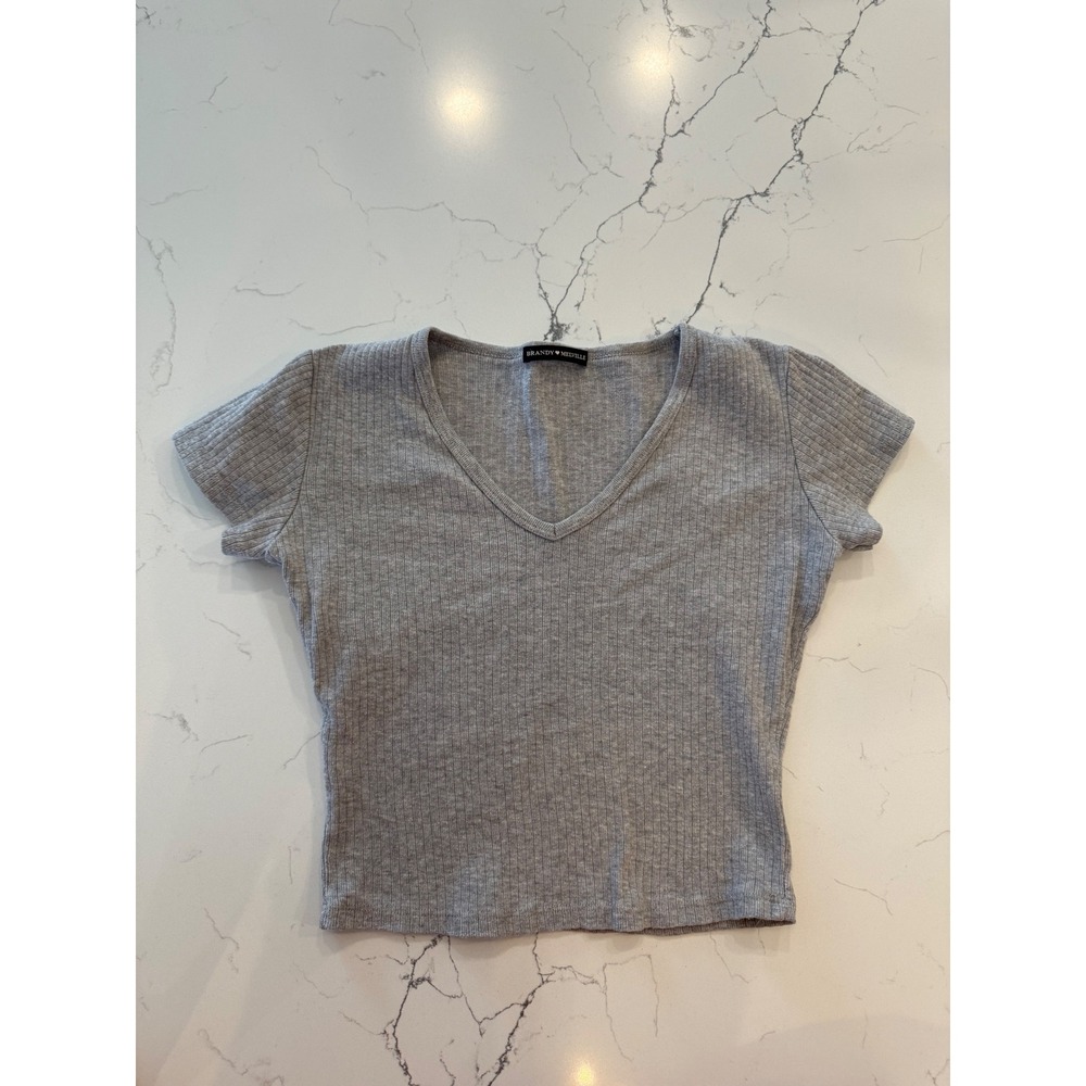 Brandy Melville Gray Ribbed V Neck Baby Tee Fitted Crop Top Y2K